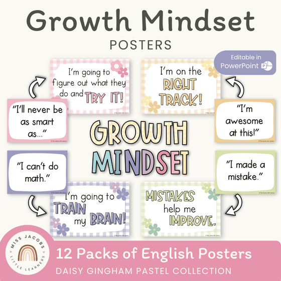 Growth Mindset Posters - Daisy Gingham Pastels Decor - Miss Jacobs Little Learners