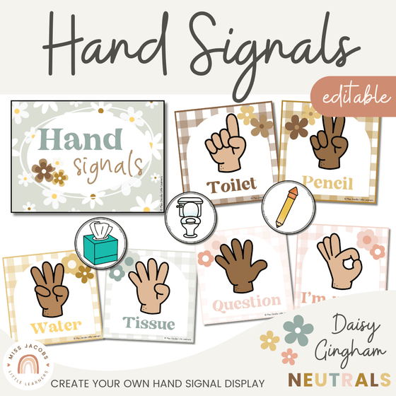 Hand Signals | Daisy Gingham Neutrals Classroom Decor - Miss Jacobs Little Learners