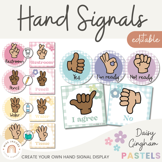 Hand Signals | Daisy Gingham Pastels Classroom Decor | Editable - Miss Jacobs Little Learners