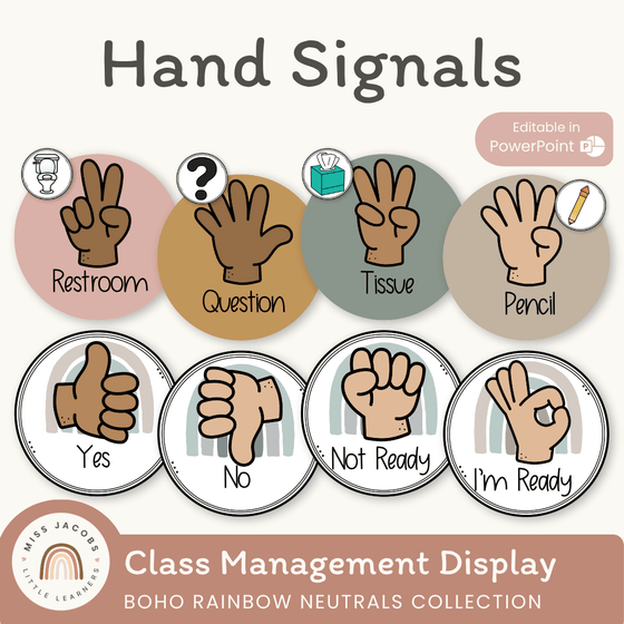 Hand Signals Posters - Boho Rainbow Neutrals Classroom Decor - Miss Jacobs Little Learners