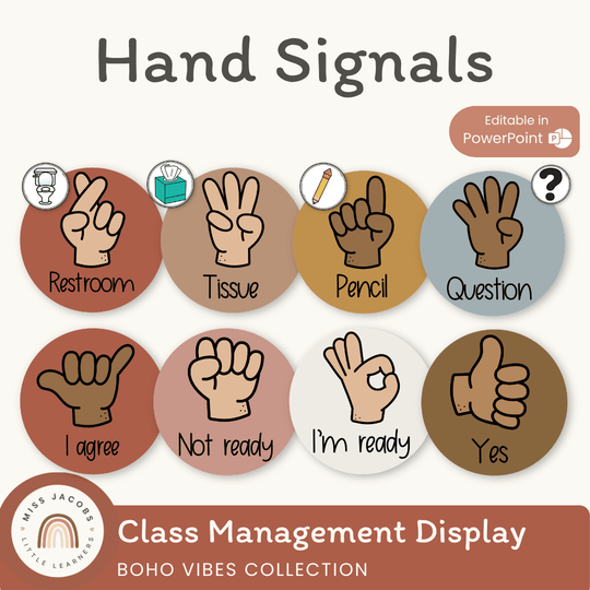 Hand Signals Posters | Desert Neutrals Classroom Decor | EDITABLE | BOHO VIBES
