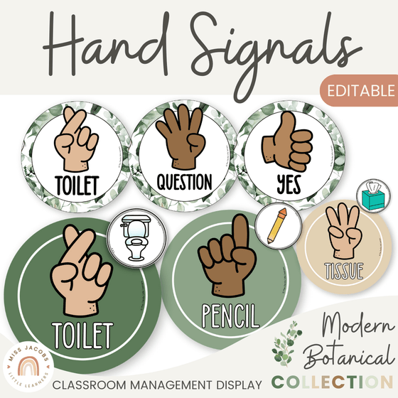 Hand Signals Posters - Modern Botanical Classroom Decor - Miss Jacobs Little Learners