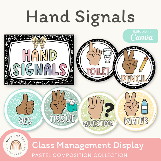 Hand Signals Posters - Pastel Composition Notebook Classroom Decor