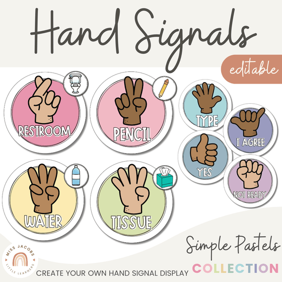 Hand Signals Posters | PASTELS Classroom Decor | EDITABLE - Miss Jacobs Little Learners