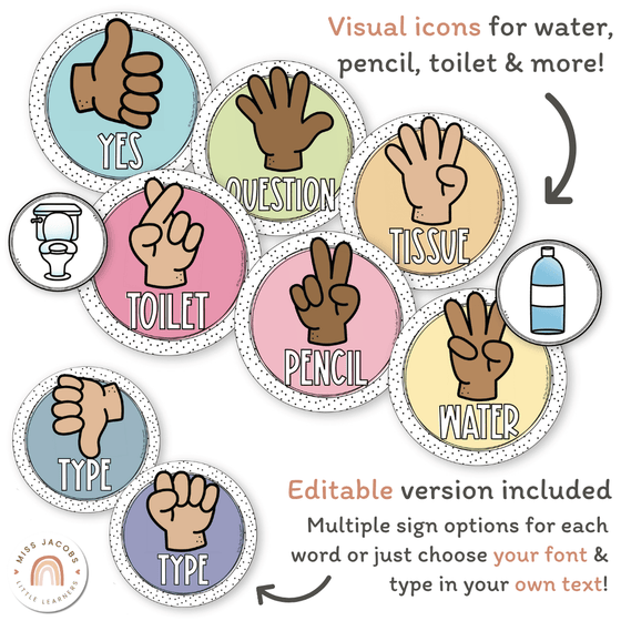 Hand Signals Posters - Spotty Pastel Classroom Decor - Miss Jacobs Little Learners