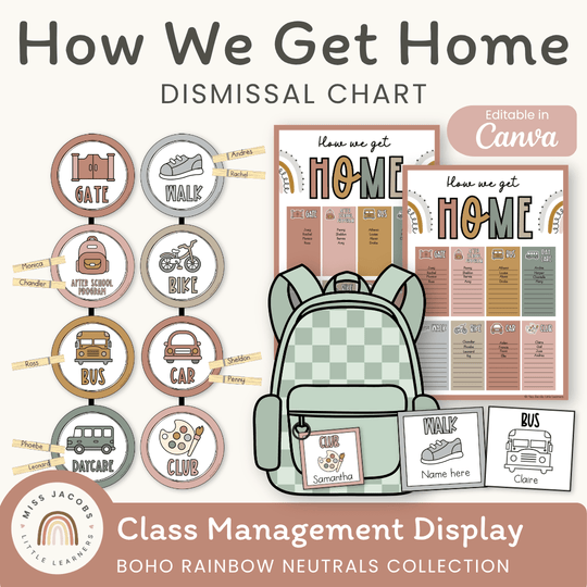 How We Get Home Dismissal Chart - Boho Rainbow Neutrals Classroom Decor