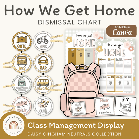 How We Get Home Dismissal Chart - Daisy Gingham Neutrals Classroom Decor
