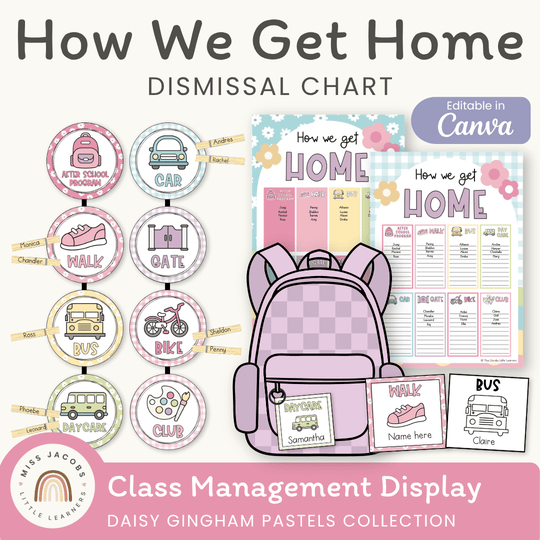 How We Get Home Dismissal Chart - Daisy Gingham Pastels Classroom Decor