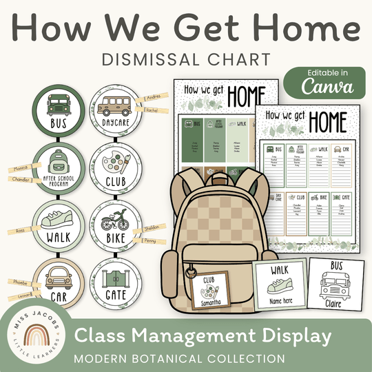 How We Get Home Dismissal Chart - Modern Botanical Classroom Decor