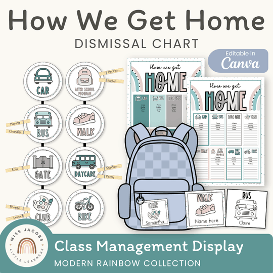 How We Get Home Dismissal Chart - Modern Rainbow Classroom Decor