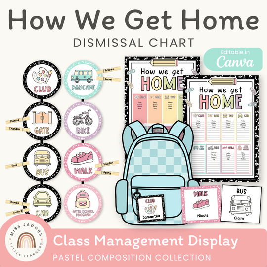 How We Get Home Dismissal Chart - Pastel Composition Notebook Classroom Decor