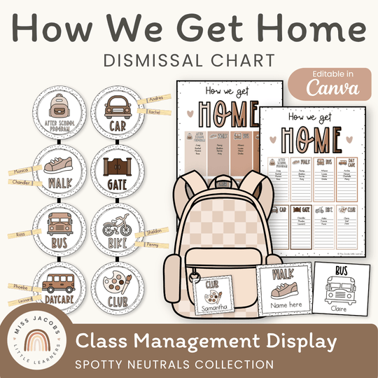 How We Get Home Dismissal Chart - Spotty Neutrals Classroom Decor