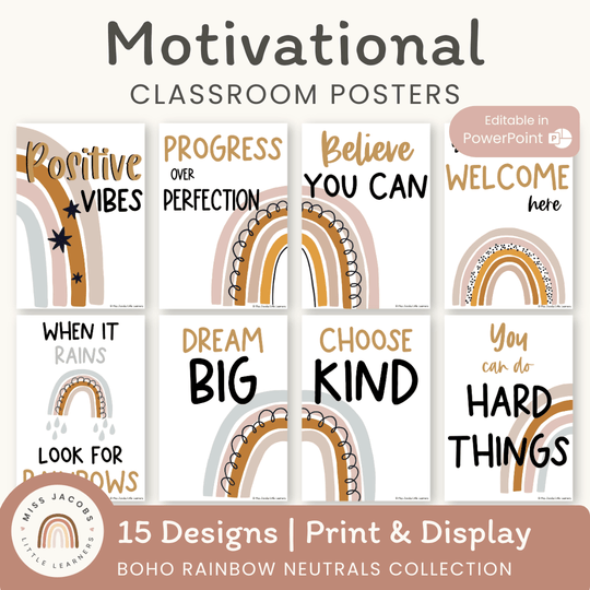Inspirational Classroom Posters - Boho Rainbow Neutrals Decor