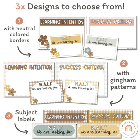 Learning Intentions & Success Criteria Posters | WALT and WALF | Daisy Gingham Neutrals - Miss Jacobs Little Learners