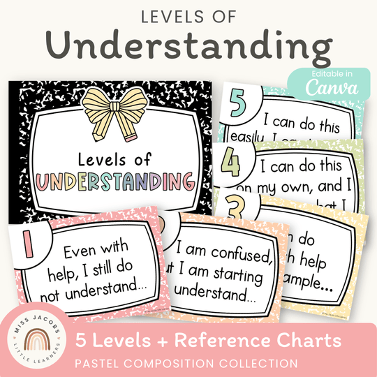 Levels of Understanding Posters - Pastel Composition Notebook Classroom Decor