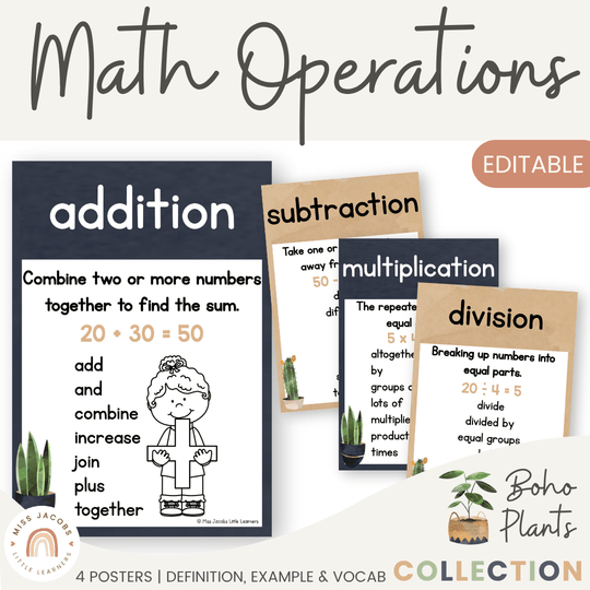 Math Operation Posters - Boho Plants Classroom Decor