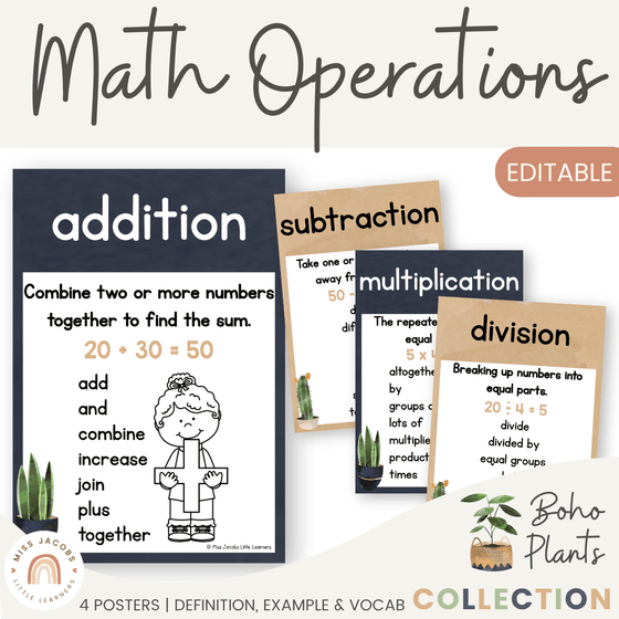 Math Operation Posters - Boho Plants Classroom Decor - Miss Jacobs Little Learners