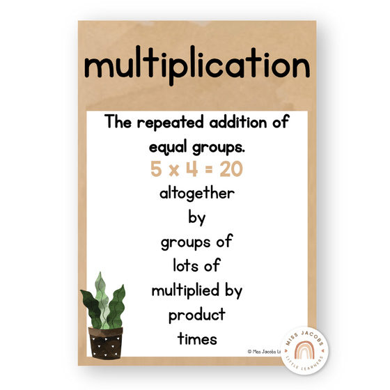 Math Operation Posters - Boho Plants Classroom Decor - Miss Jacobs Little Learners