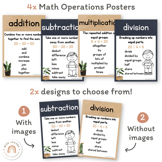 Math Operation Posters - Boho Plants Classroom Decor - Miss Jacobs Little Learners