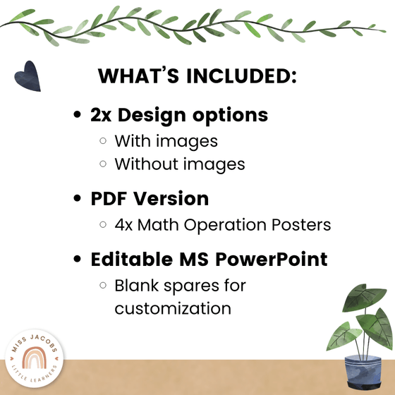 Math Operation Posters - Boho Plants Classroom Decor - Miss Jacobs Little Learners