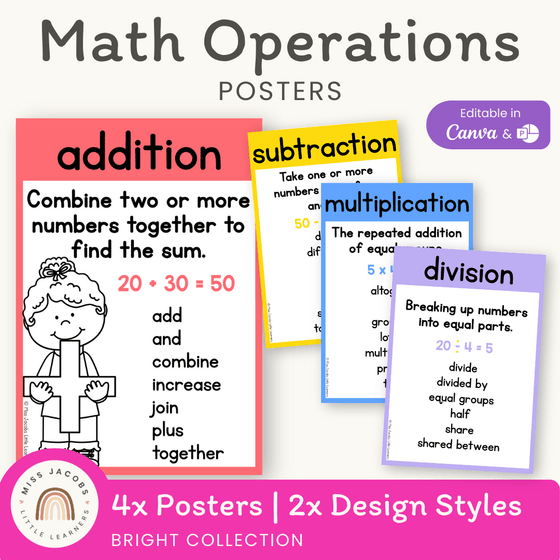 Math Operation Posters - Bright Theme - Miss Jacobs Little Learners