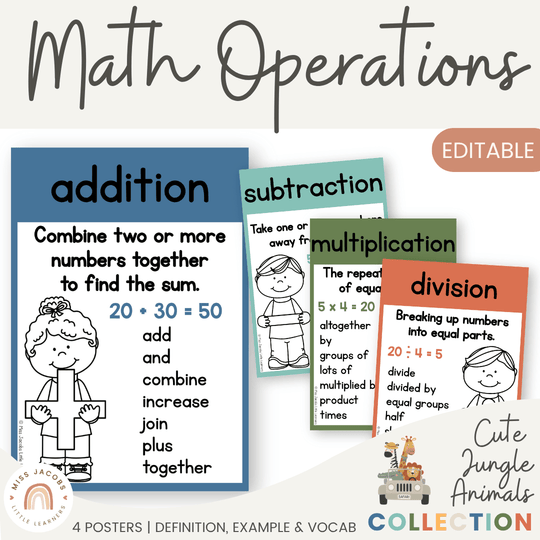 Math Operation Posters - Cute Jungle Animals Theme