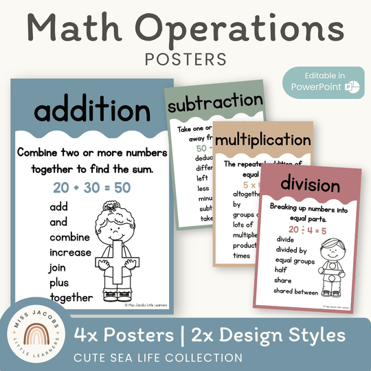 Math Operation Posters - Cute Sea Life Classroom Decor