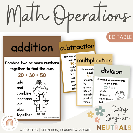 Math Operation Posters - Daisy Gingham Neutrals Decor