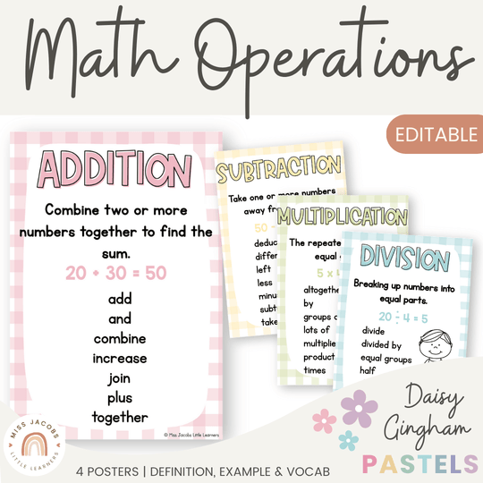 Math Operation Posters - Daisy Gingham Pastels Theme