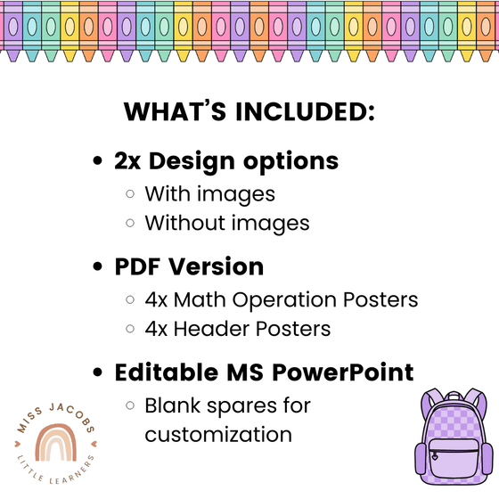 Math Operations Posters - Cutesy Classroom Decor - Miss Jacobs Little Learners