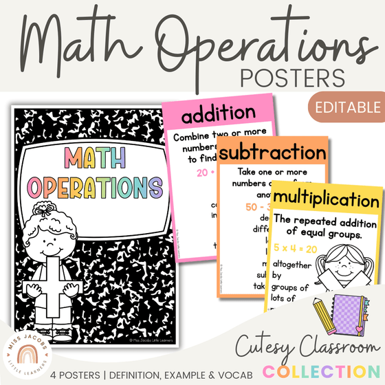 Math Operations Posters - Cutesy Classroom Decor - Miss Jacobs Little Learners