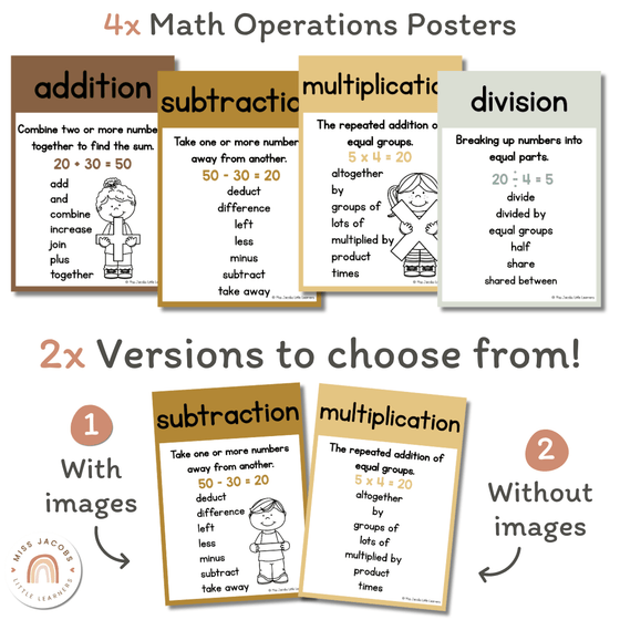 Math Operations Posters | Daisy Gingham Neutrals Math Classroom Decor - Miss Jacobs Little Learners