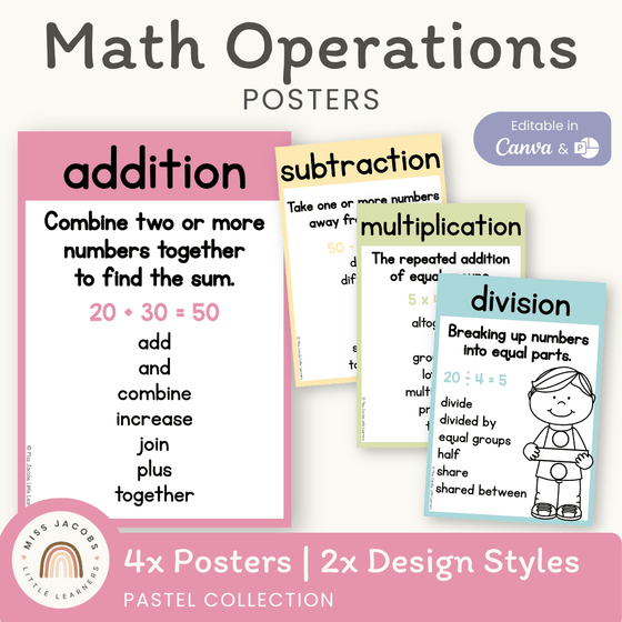 Math Operations Posters - Pastel Theme - Miss Jacobs Little Learners