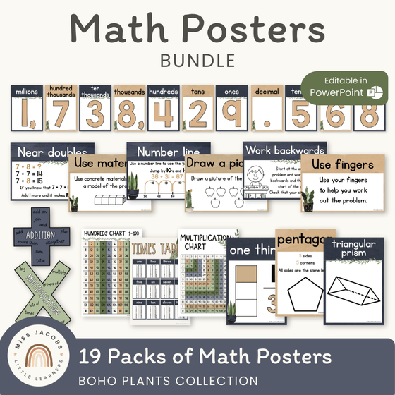 Math Posters Bundle - Boho Plants Theme - Miss Jacobs Little Learners