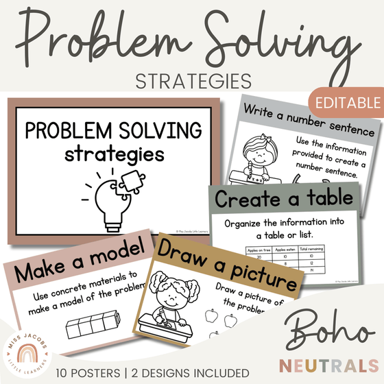 Math Problem Solving Strategies Posters | Boho Rainbow Neutrals Decor | CUBES - Miss Jacobs Little Learners