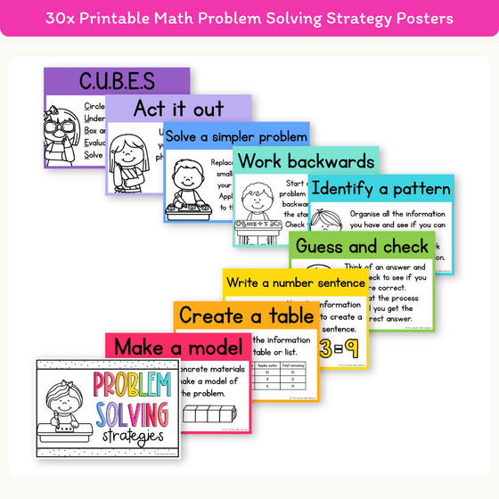 Math Problem Solving Strategies Posters - Bright Theme - Miss Jacobs