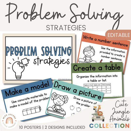 Math Problem Solving Strategies Posters - Cute Jungle Animals