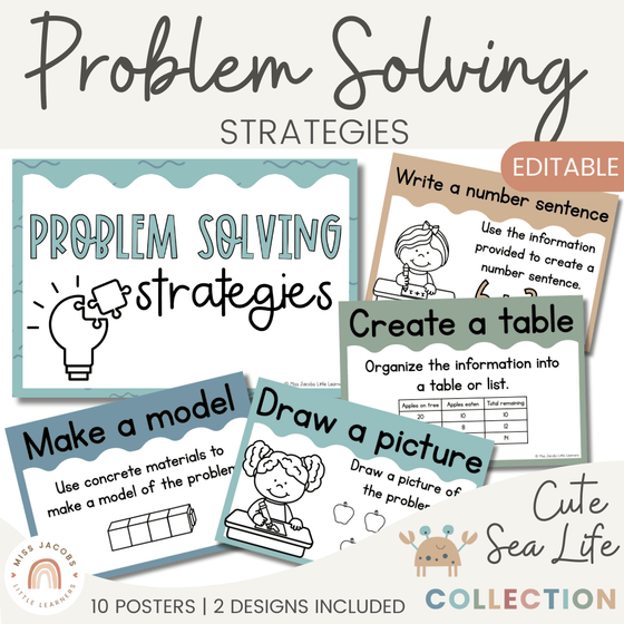 Math Problem Solving Strategies Posters | Cute Sea Life Classroom Decor | CUBES - Miss Jacobs Little Learners