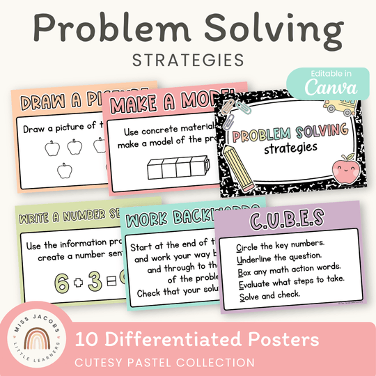 Math Problem Solving Strategies Posters - Cutesy Pastel Math Decor