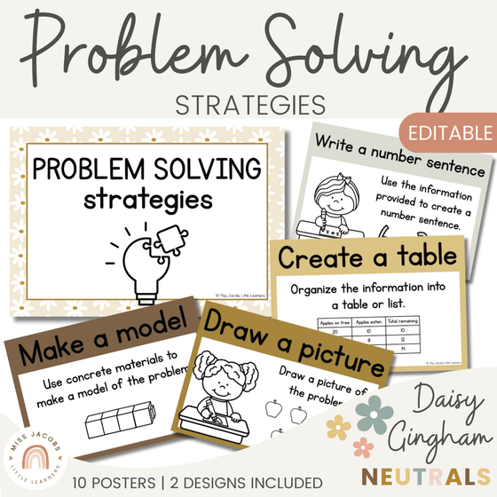 Math Problem Solving Strategies Posters | Daisy Gingham Neutrals Decor | CUBES - Miss Jacobs Little Learners