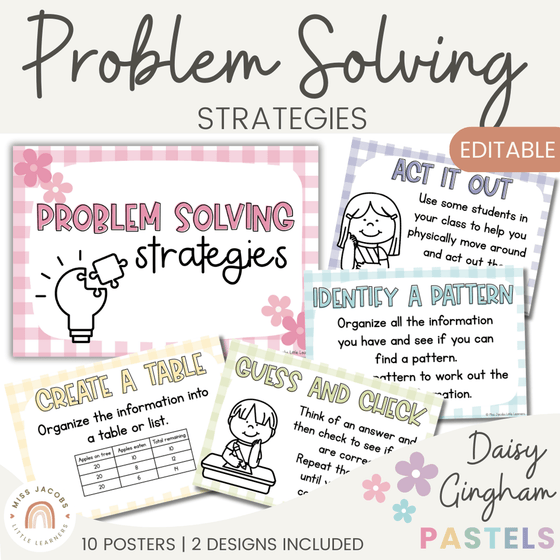 Math Problem Solving Strategies Posters | Daisy Gingham Pastels Decor | CUBES - Miss Jacobs Little Learners