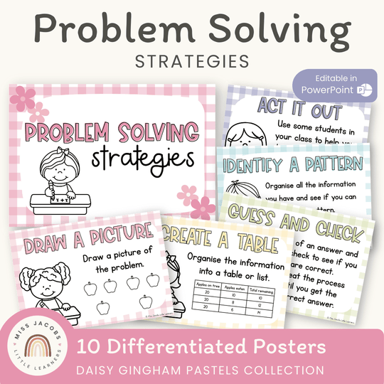 Math Problem Solving Strategies Posters - Daisy Gingham Pastels Theme