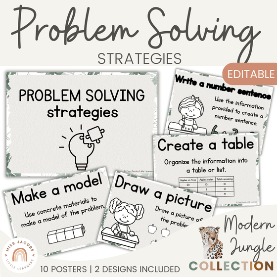 Math Problem Solving Strategies Posters | Modern Jungle Classroom Decor | CUBES - Miss Jacobs Little Learners