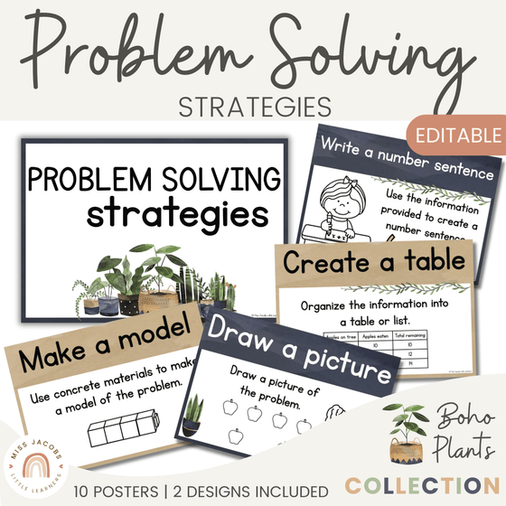 Math Problem Solving Strategies Posters | Rustic BOHO PLANTS decor | CUBES - Miss Jacobs Little Learners