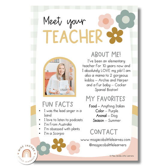 Meet the Teacher Templates | Daisy Gingham Neutrals Classroom Decor - Miss Jacobs Little Learners