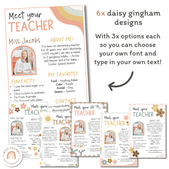 Meet the Teacher Templates | Daisy Gingham Neutrals Classroom Decor - Miss Jacobs Little Learners