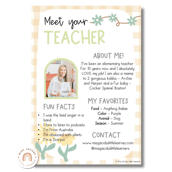 Meet the Teacher Templates | Daisy Gingham Pastels Classroom Decor | Editable - Miss Jacobs Little Learners