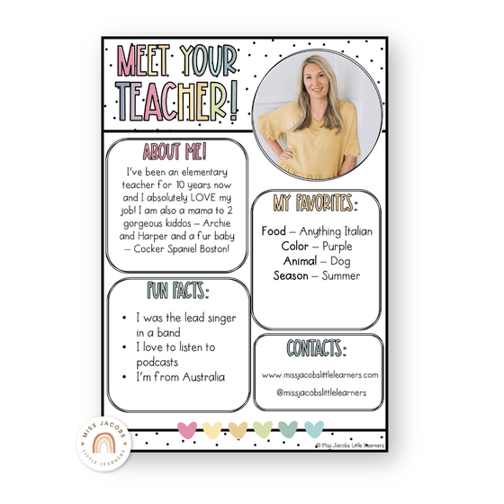 Meet the Teacher Templates - Spotty Pastel Decor - Miss Jacobs Little Learners