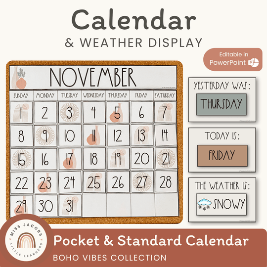 Modern Boho Vibes Classroom Calendar and Weather Display | Editable