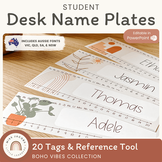 Modern Boho Vibes Student Desk Plate | Name Tags with Alphabet and Number Line